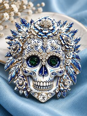 Blue & White Floral Sugar Skull Brooch with Crystal Accents